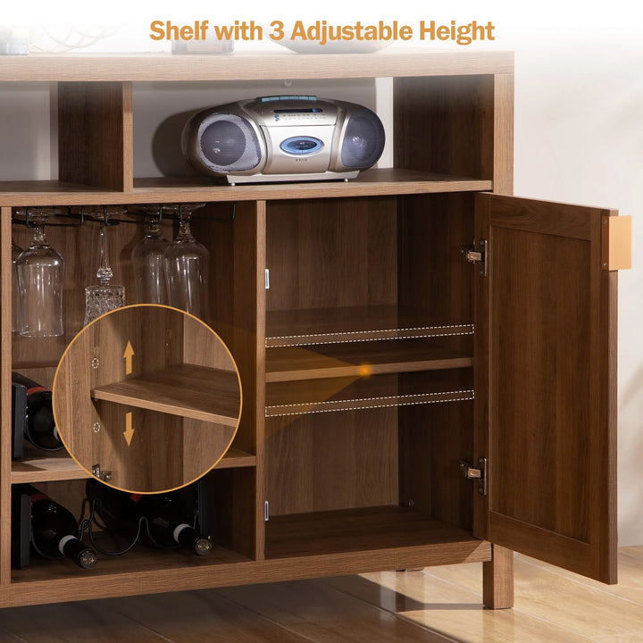 Wooden bar cabinet with adjustable shelf, wine bottle storage, and hanging glass rack
