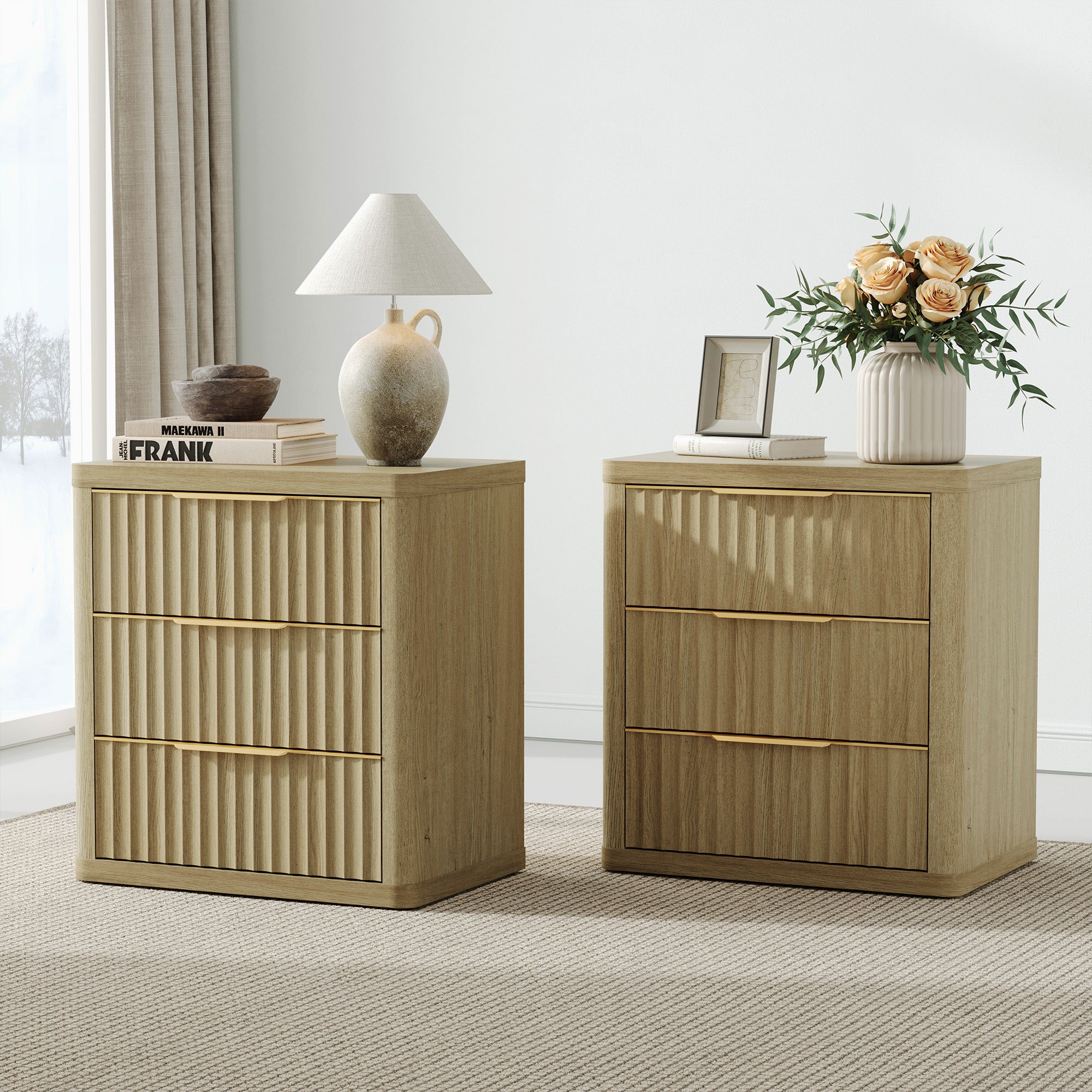 Cas 3 Drawers Nightstand with Golden Handle