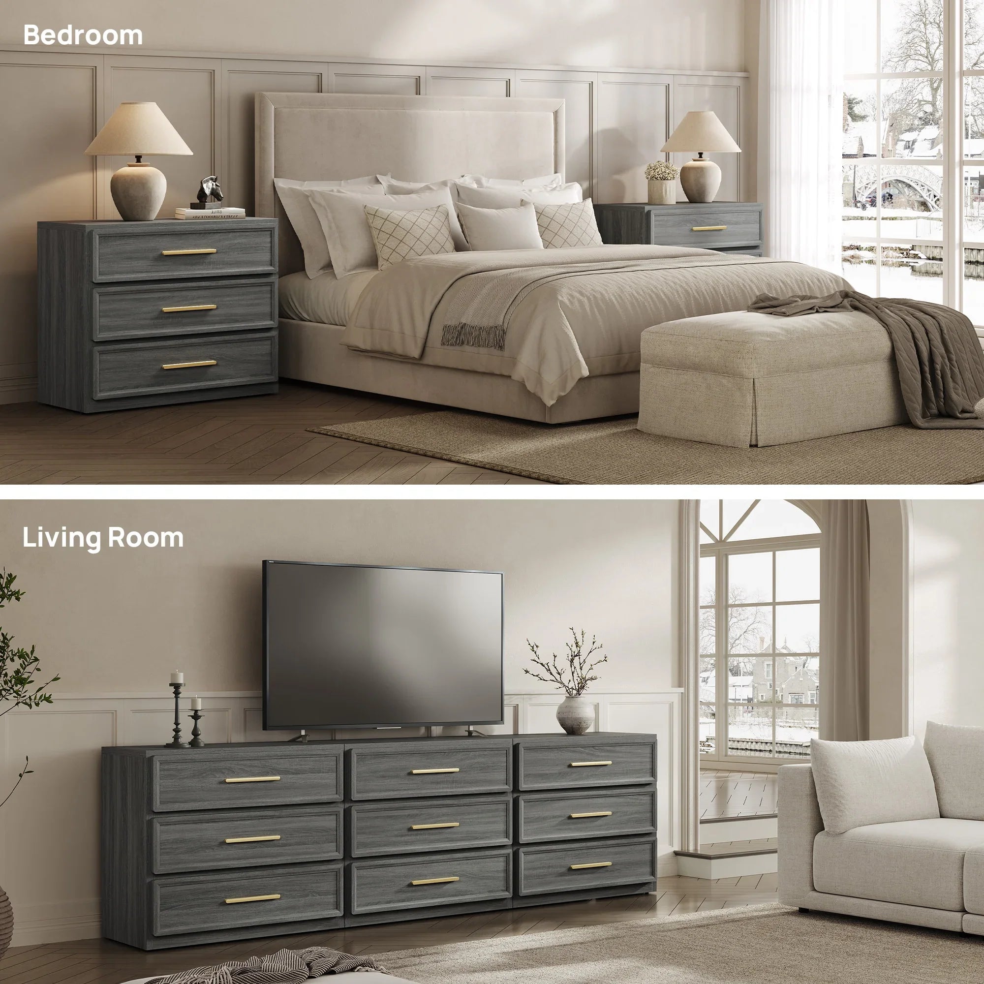 Crescent Modular 9 Drawers Dresser, 93.9 Inch Wide - Walnut Brown - 3-Piece Set