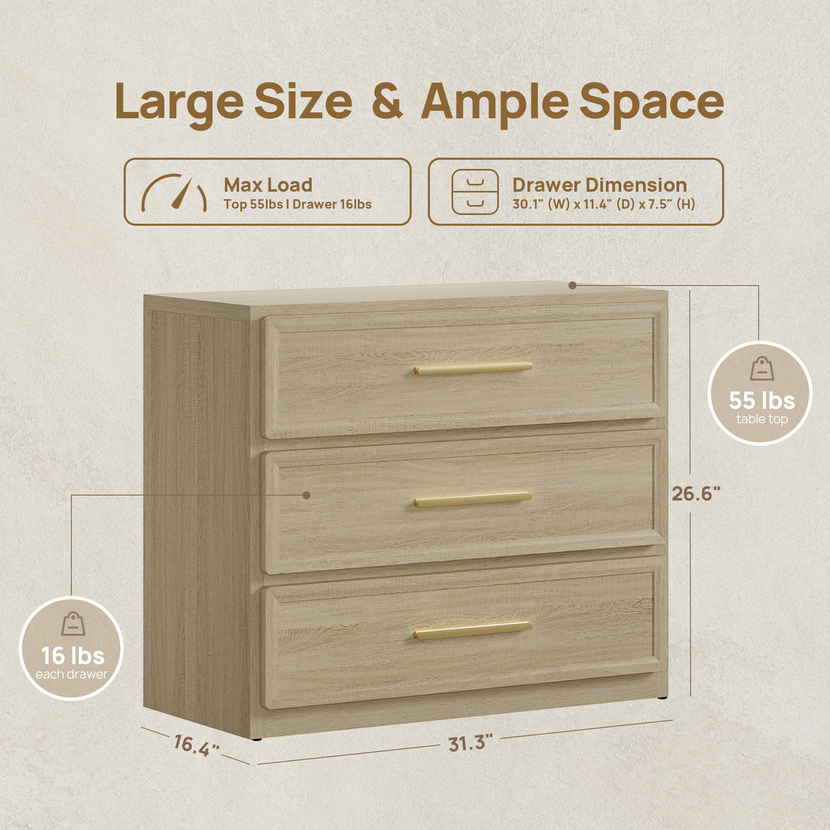 Crescent Bedroom Nightstand with Three Drawers, Set of 2