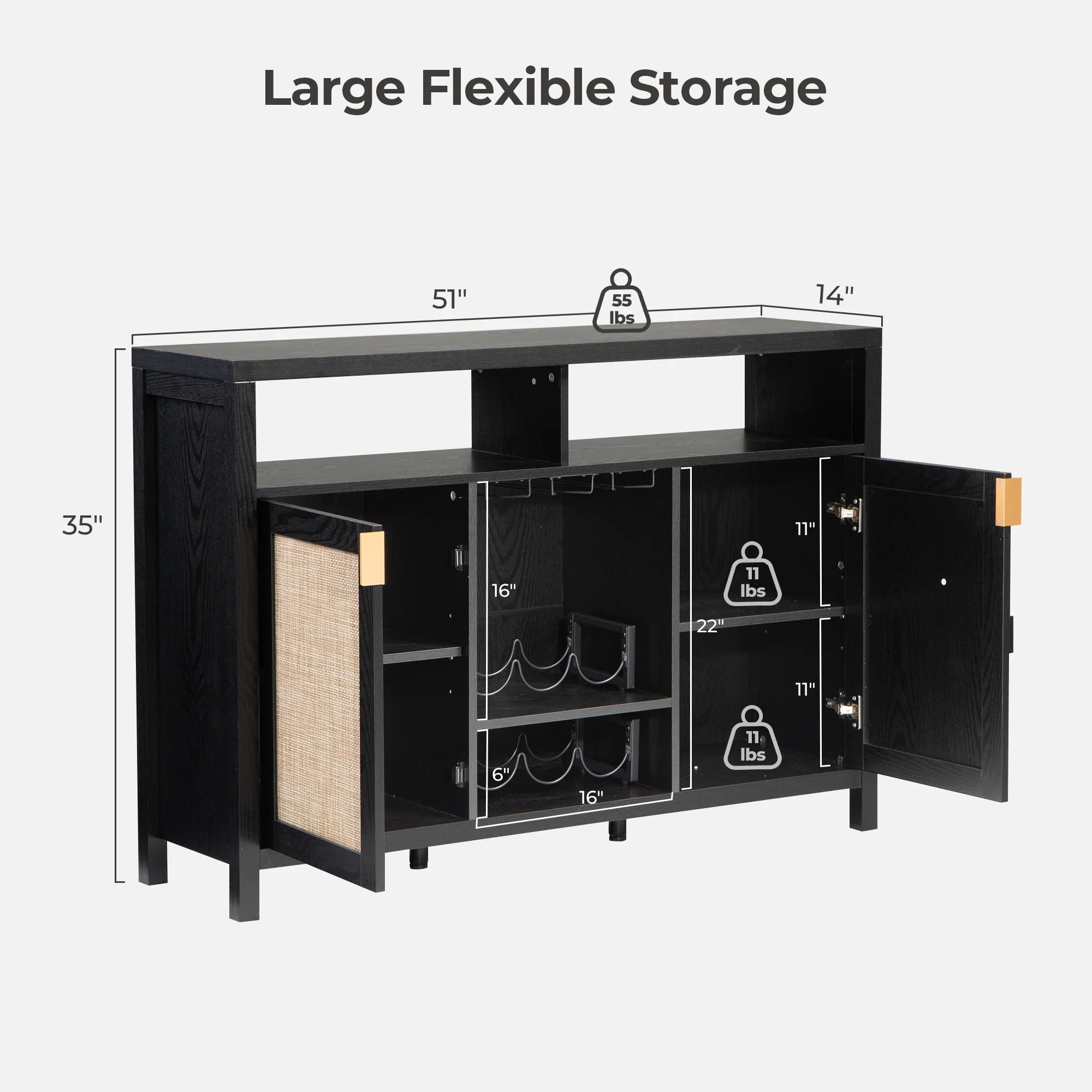Black sideboard with large flexible storage, open shelves, cabinet doors, and weight limits shown.