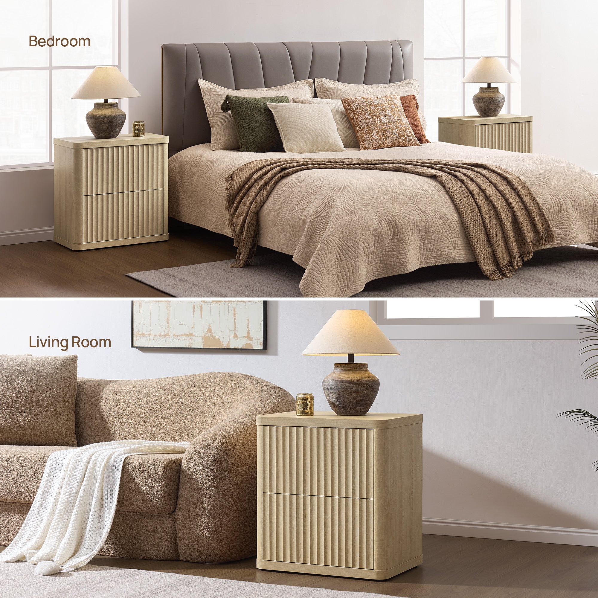 Cas 2-Drawer Nightstand, Fluted Style