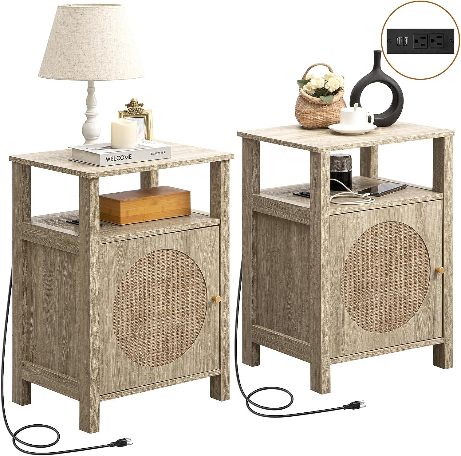 Rattan Nightstand With Charging Station - Sicotas