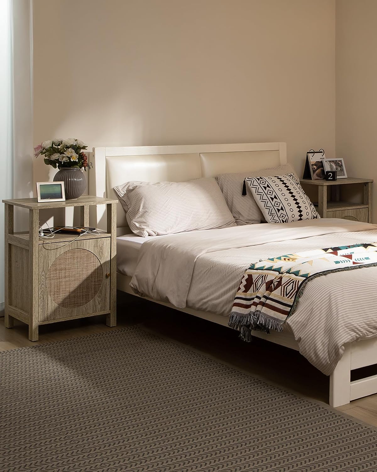 Rattan Nightstand With Charging Station - Sicotas