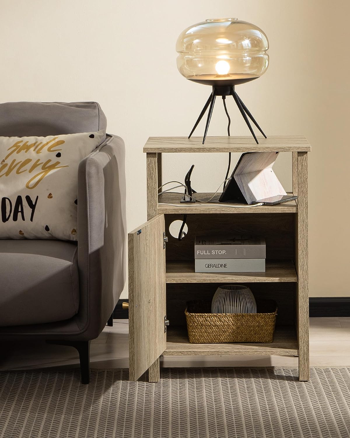 Rattan Nightstand With Charging Station - Sicotas