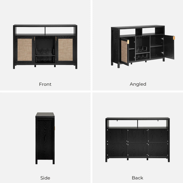 Black sideboard bar cabinet with rattan doors, wine rack, shown front, side, angled, back views.