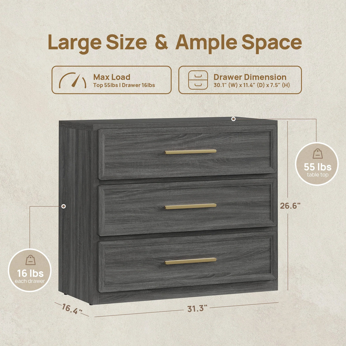 Crescent Nightstand with 3 Drawers for Bedroom