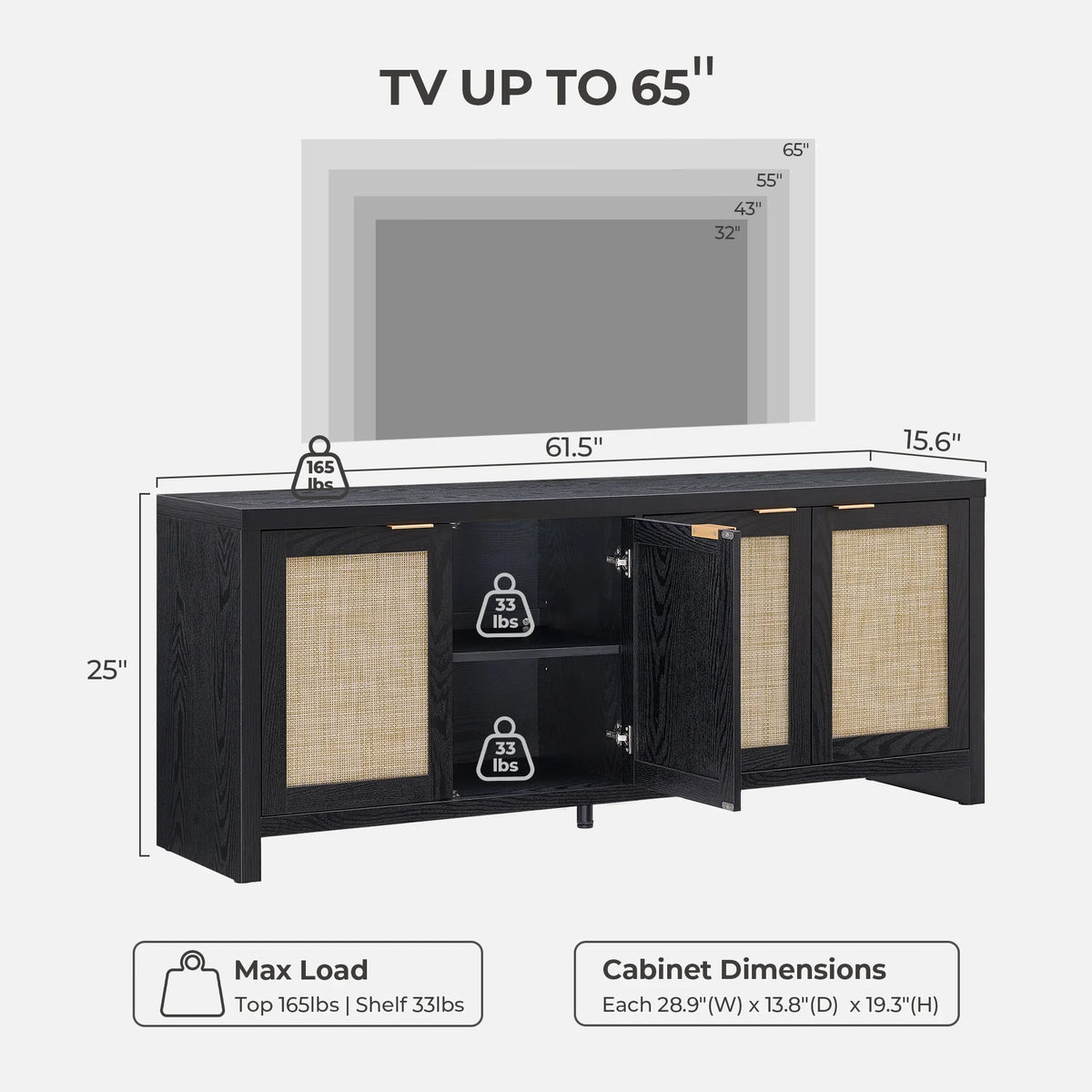 Savanna TV Storage Cabinet with 4 Doors, up to 65''