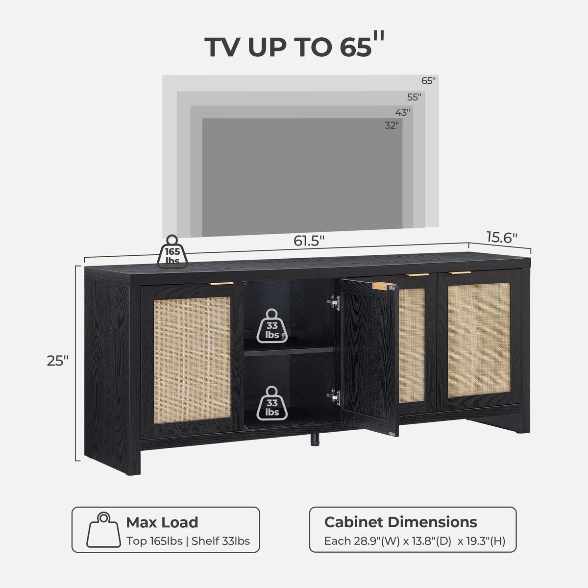 Savanna TV Storage Cabinet with 4 Doors, up to 65''