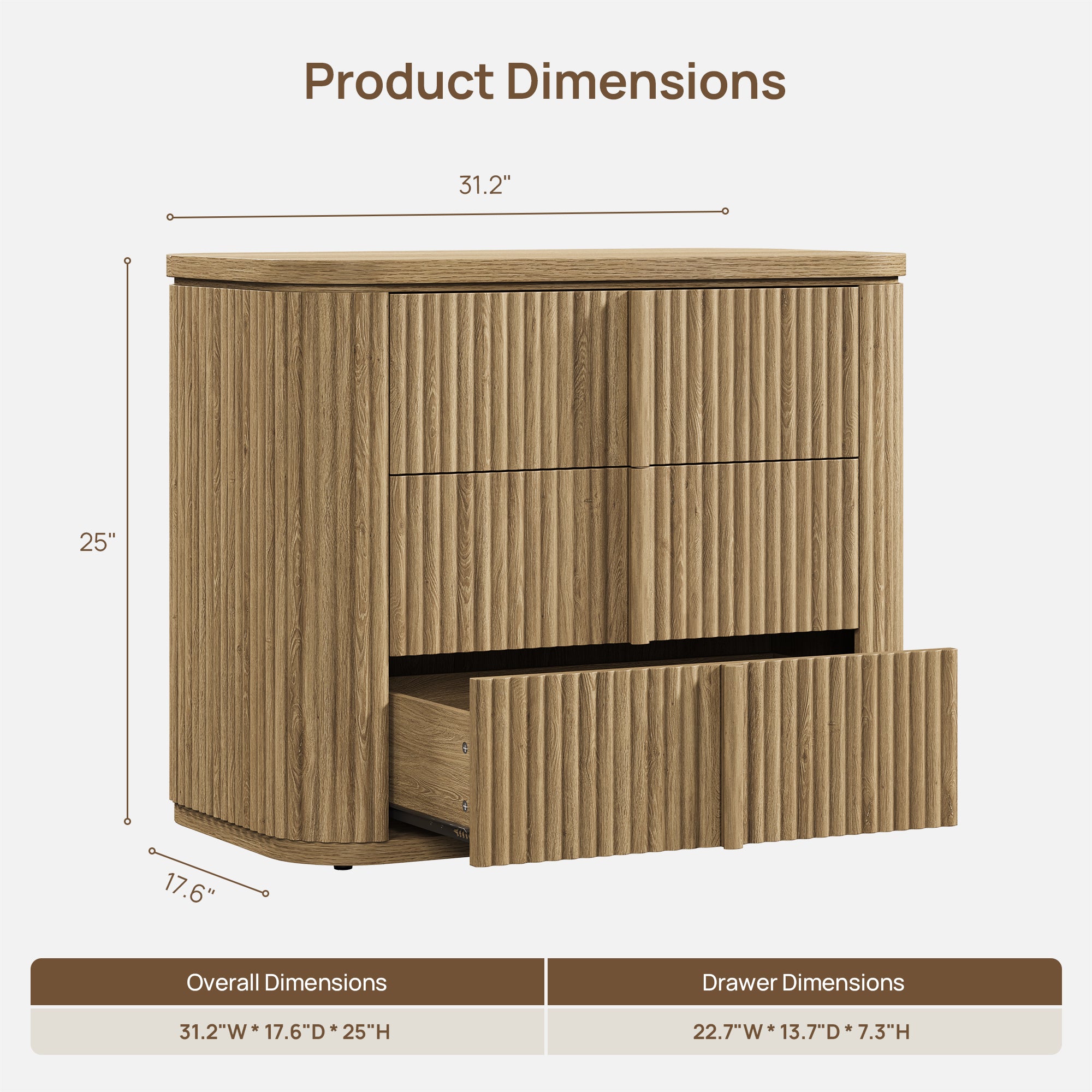 Ripple 3-Drawer Nightstand, Solid Wood Handle