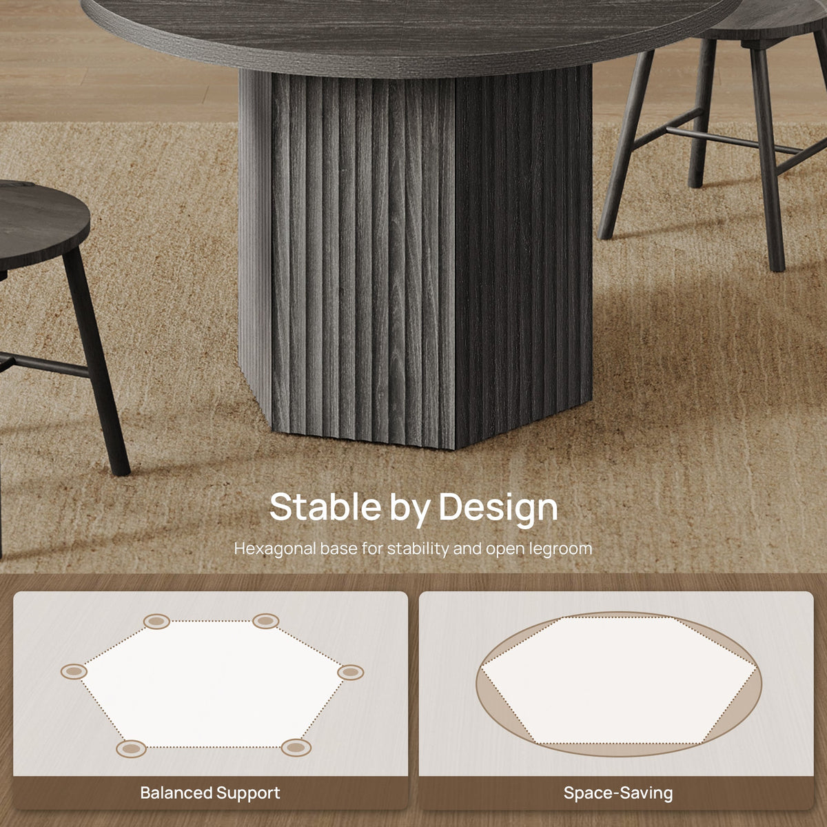 Cas Dining Table and Chairs Set for 6, Solid Wood - Dark Grey Alder - 1 Table & 6 Chairs