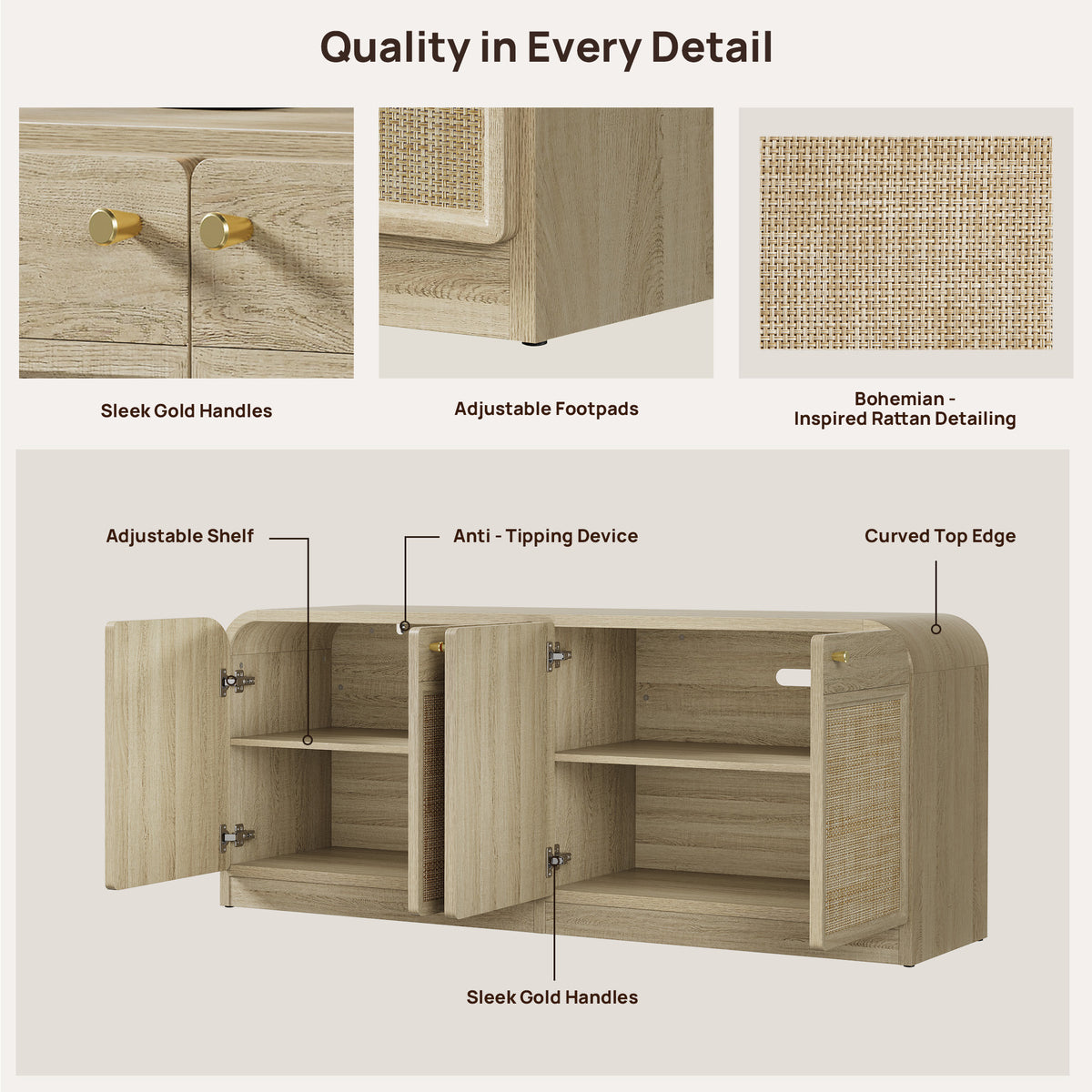 Crescent Rattan TV Stand with 4 Doors