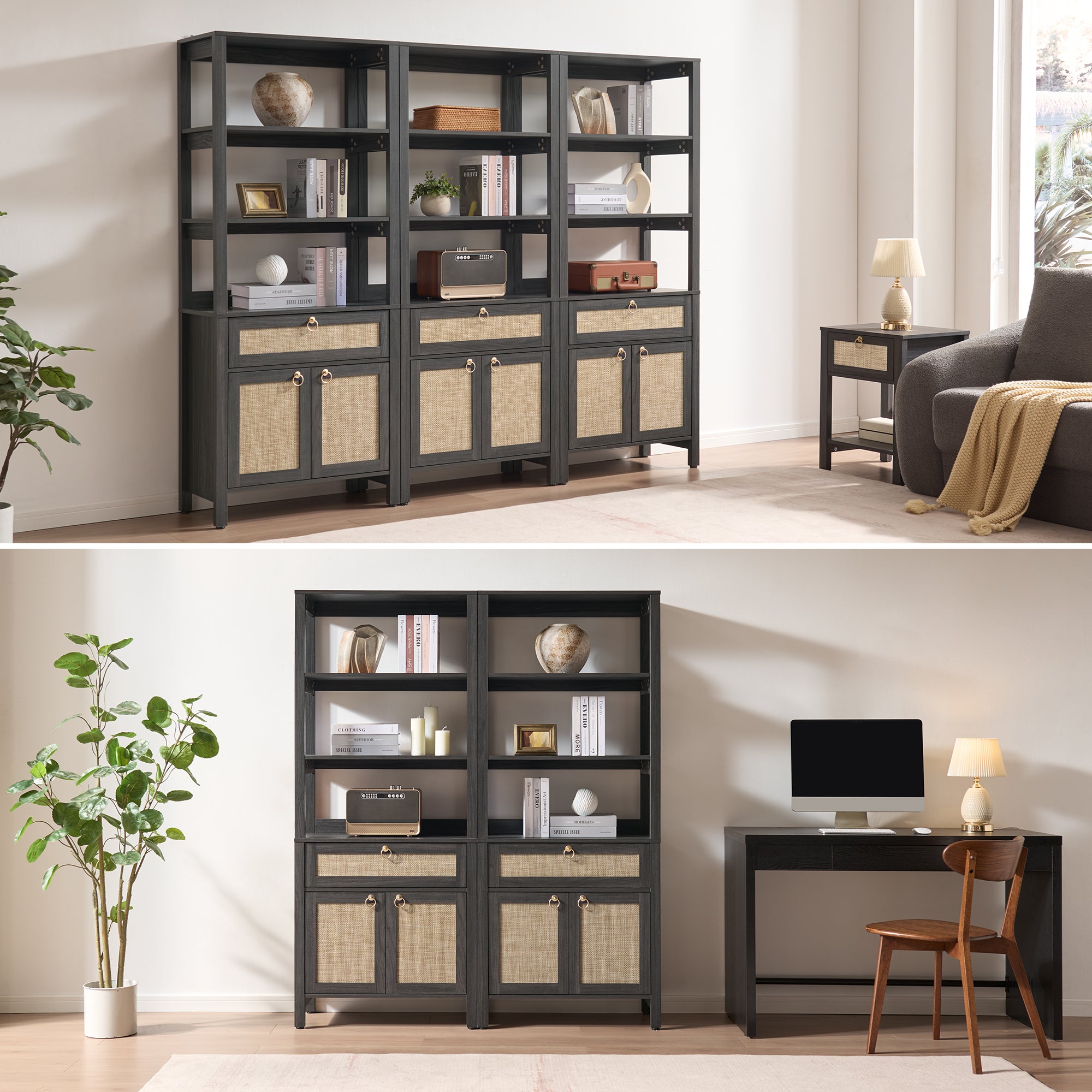 Terra Black Rattan Bookshelf, Large Storage