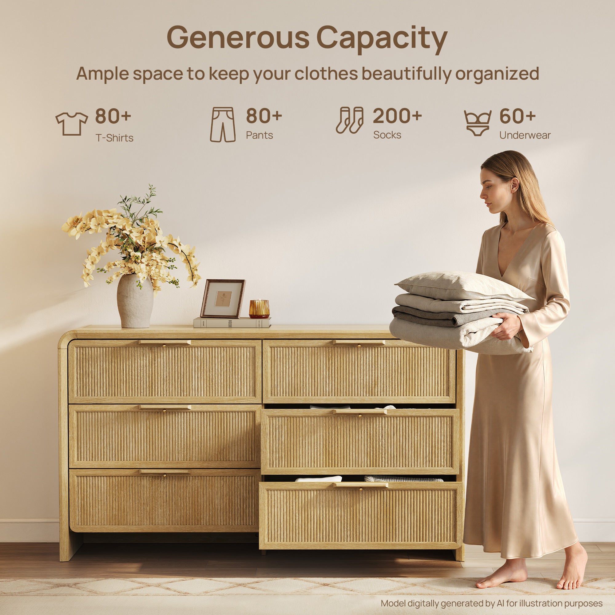 Alina 6 Drawers Dresser with Curved Edge, 55Inch Wide, Set of 2
