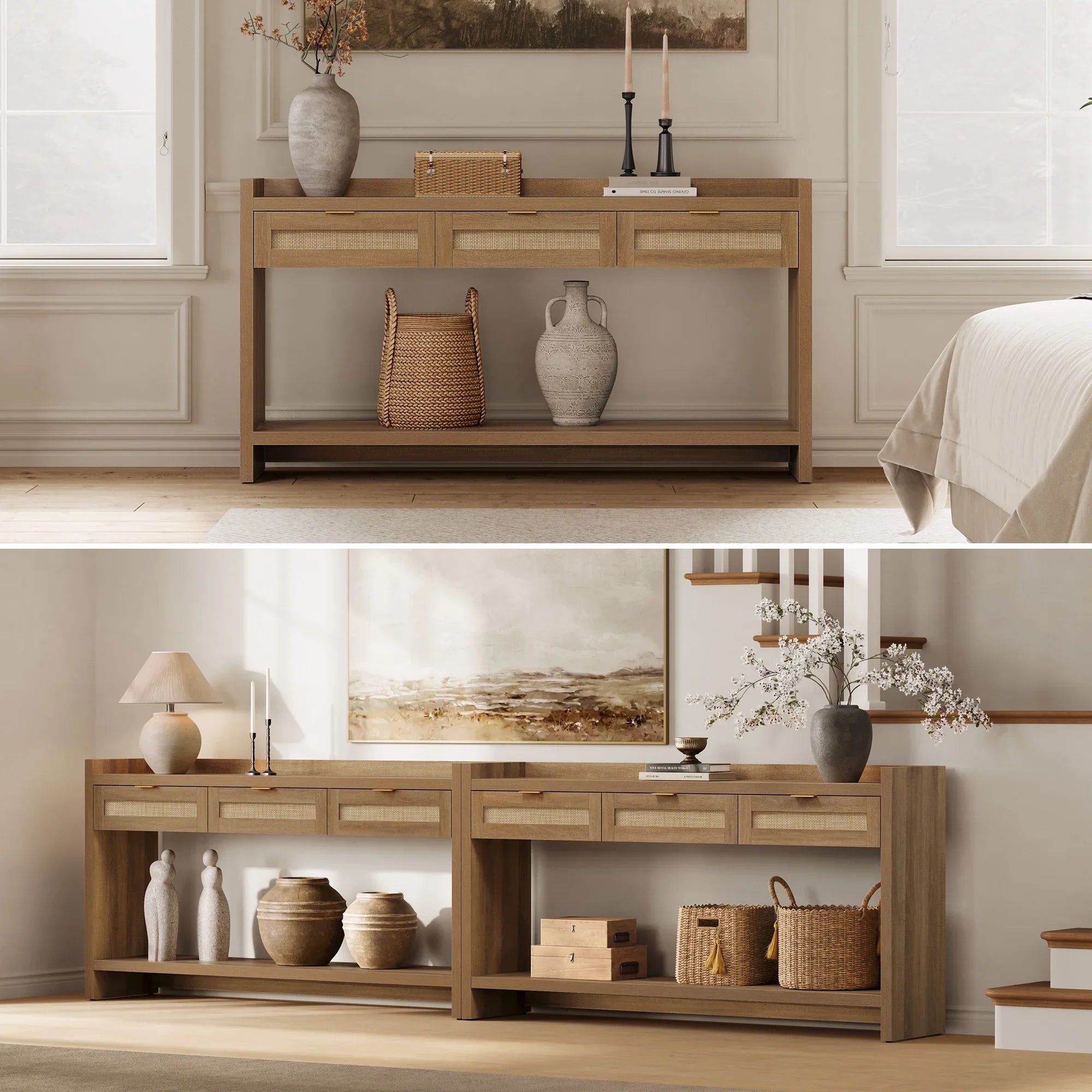 Savanna Rattan Console Table, 32'' Tall, Large Storage