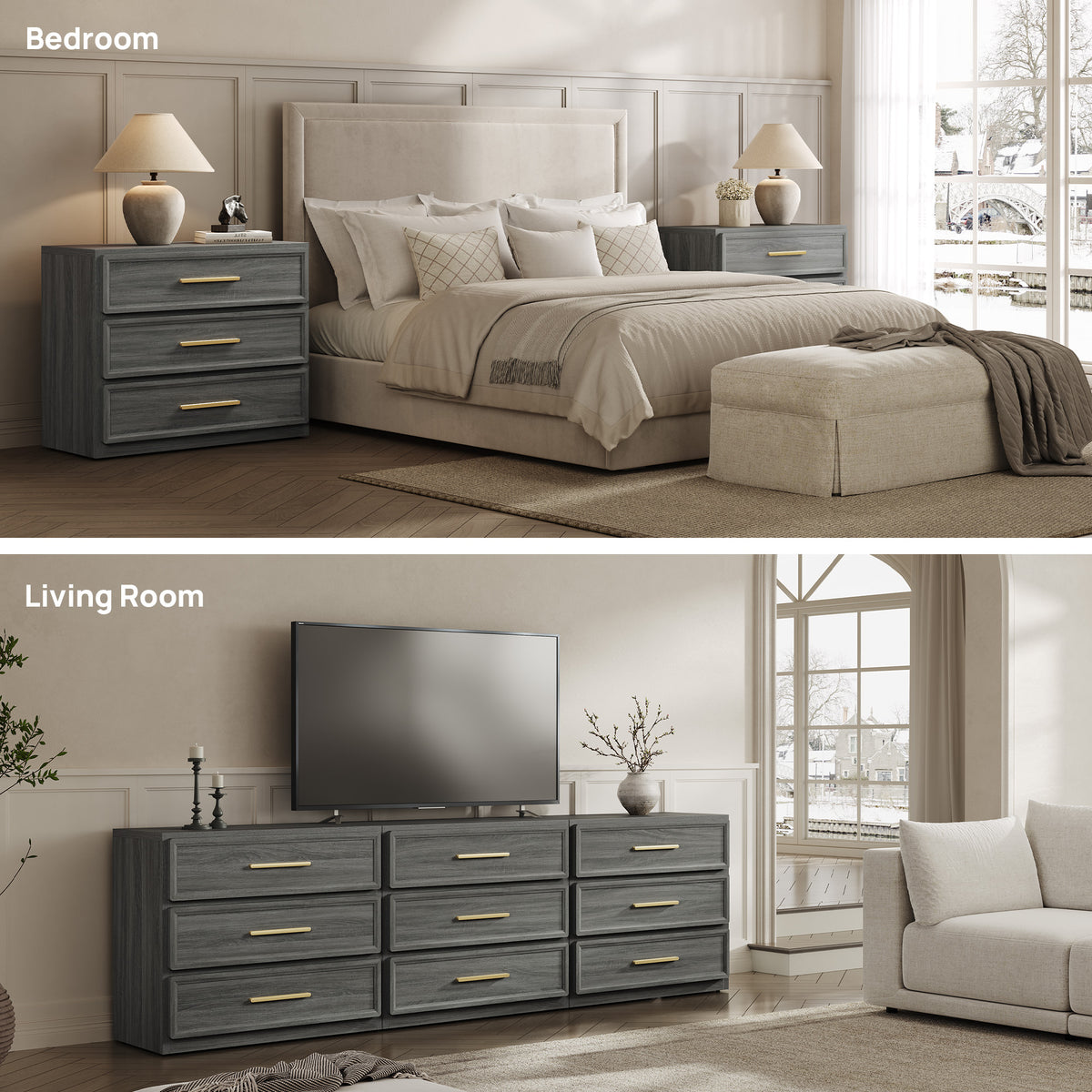 Crescent Nightstand with 3 Drawers for Bedroom, Set of 2