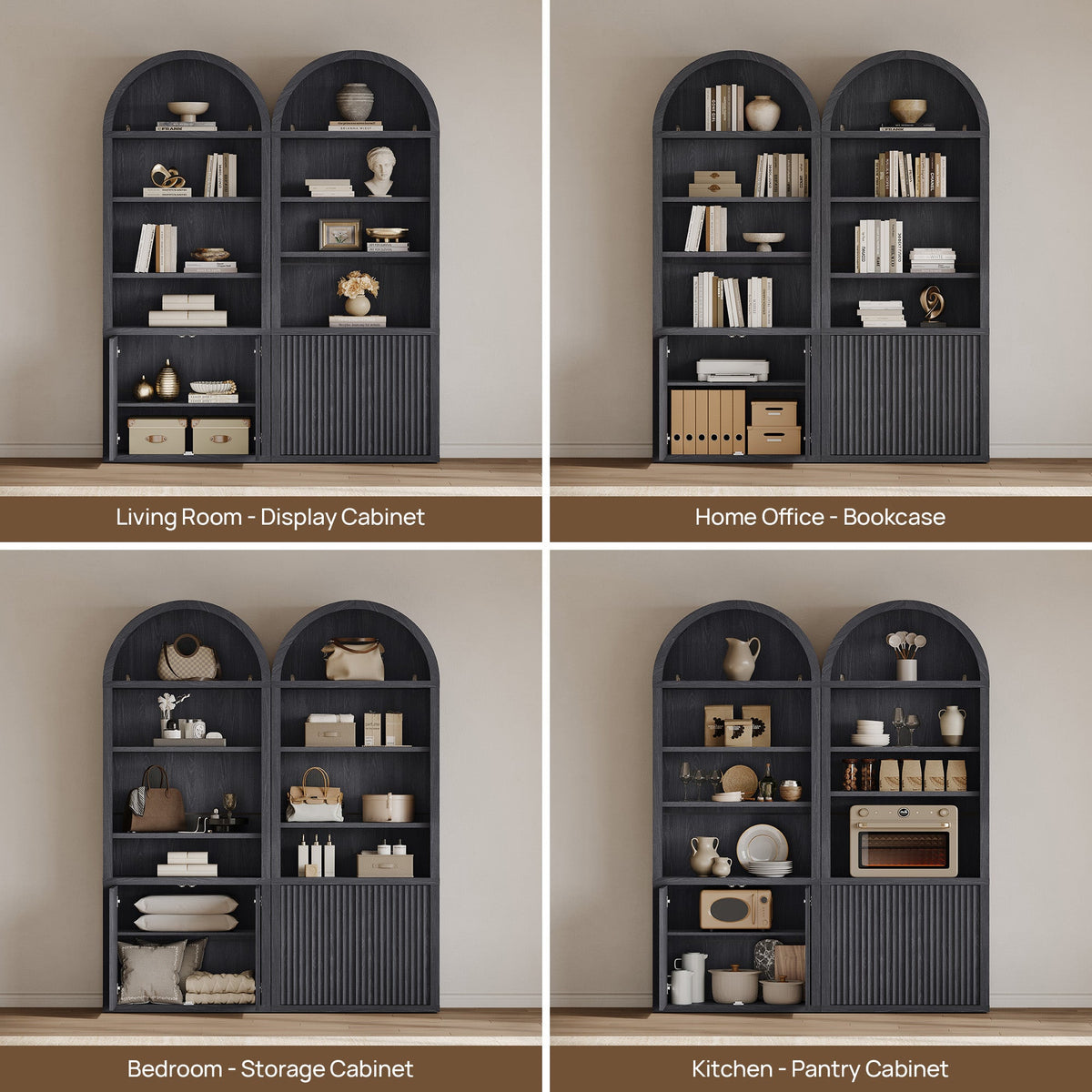 Cas Arched Bookcase with 2 Doors, 82 Inches Tall - Grey Alder - 1 Piece