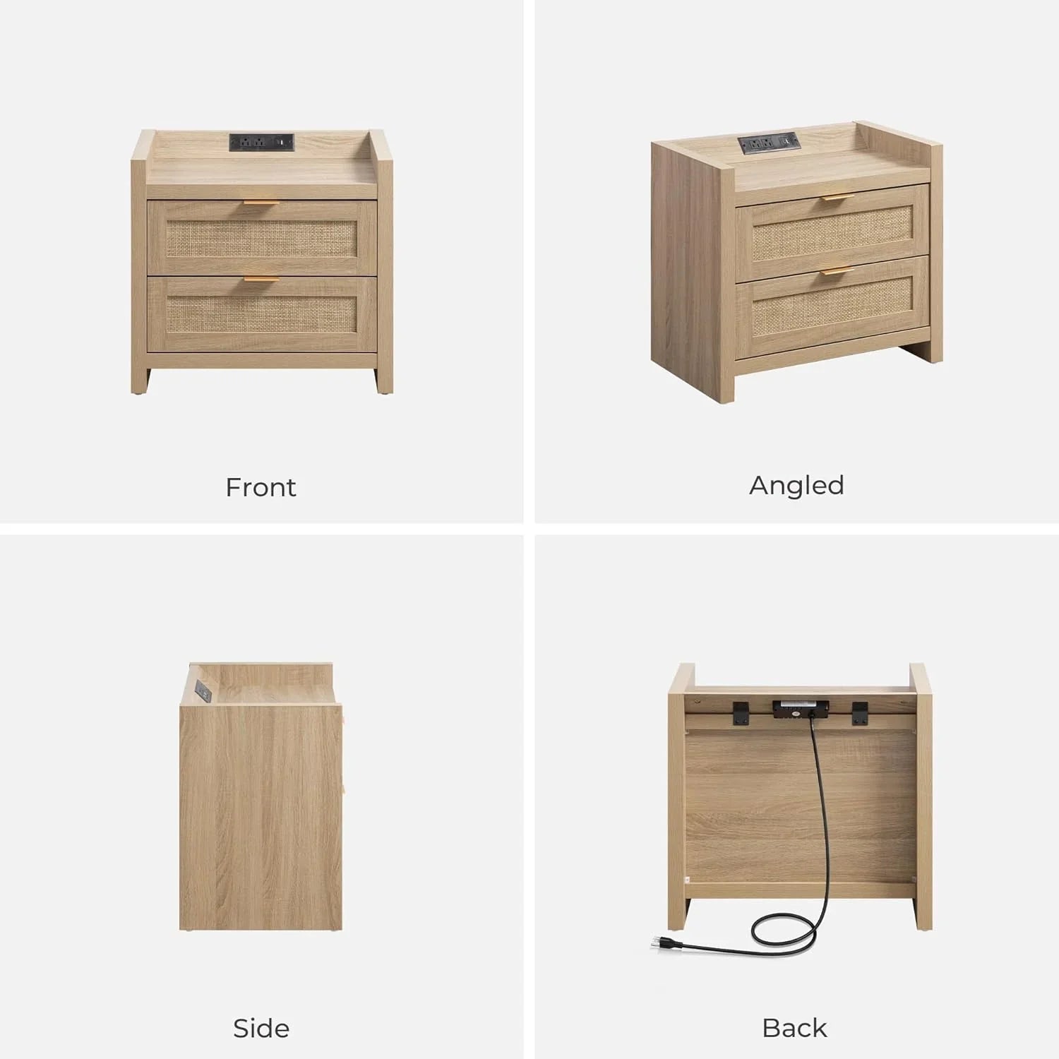 Light wood nightstand with two drawers, USB charging port, shown front, side, angled, back views