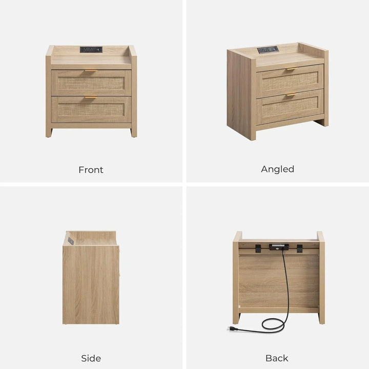 Light wood nightstand with two drawers, USB charging port, shown front, side, angled, back views