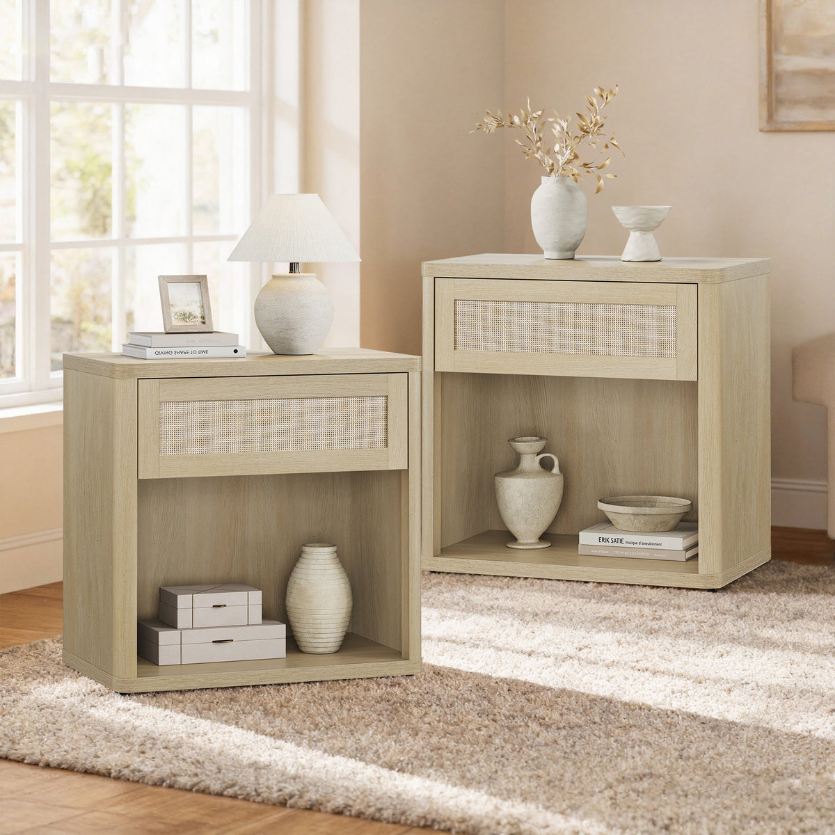 Zura 1-Drawer Nightstand, Boho Style, Set of 2