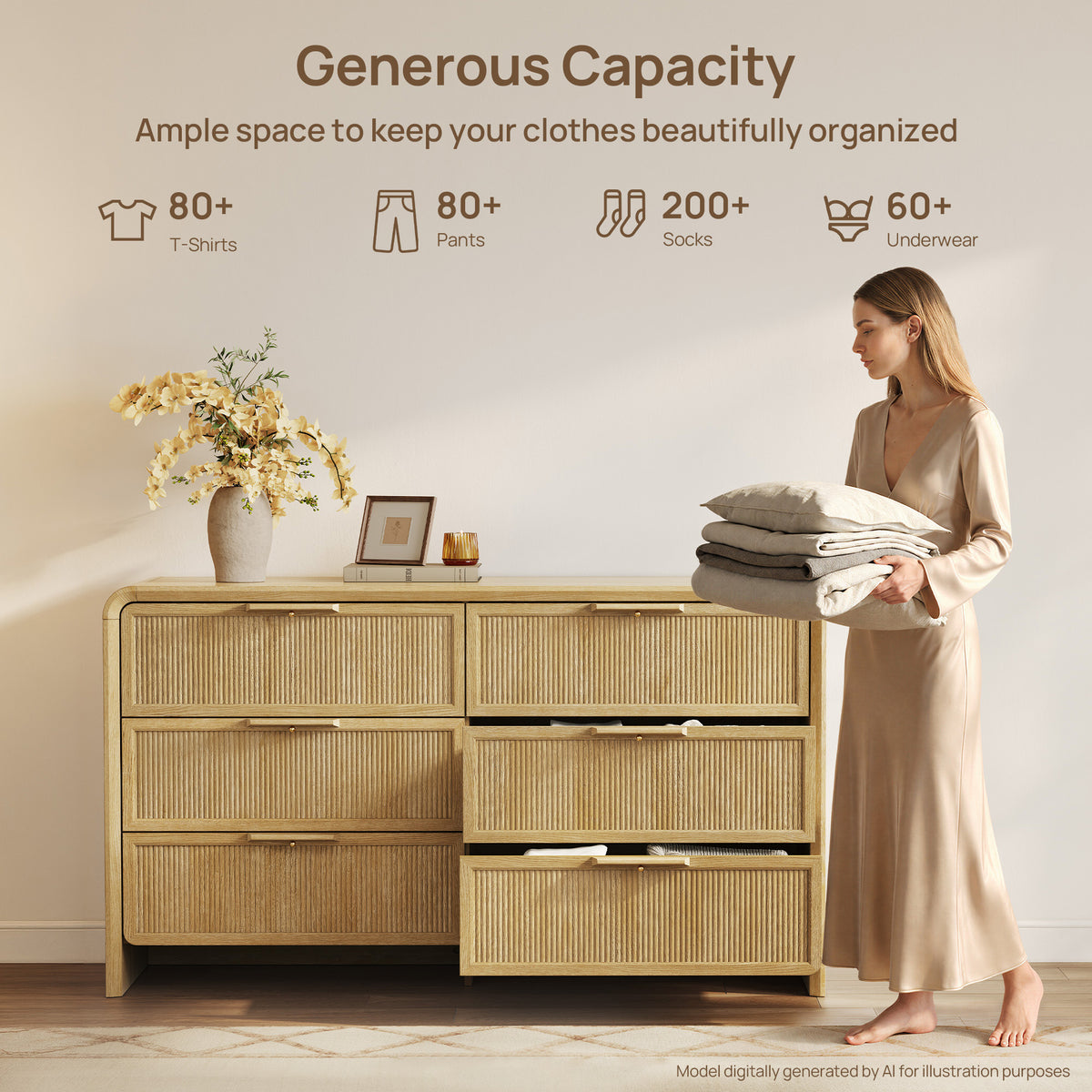 Alina 6 Drawers Dresser with Curved Edge, 55Inch Wide