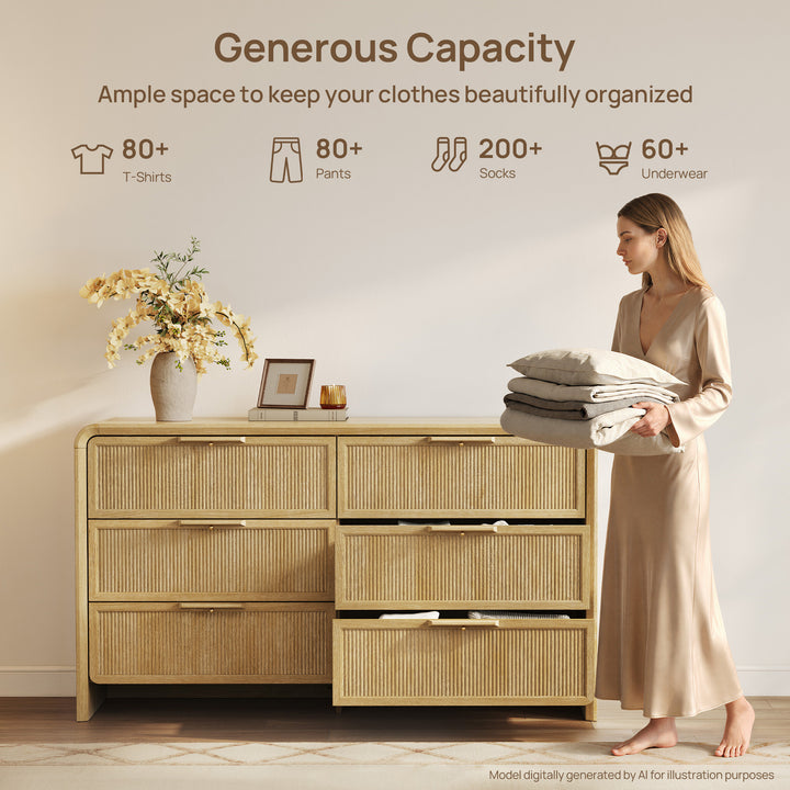 Alina 6 Drawers Dresser with Curved Edge, 55Inch Wide