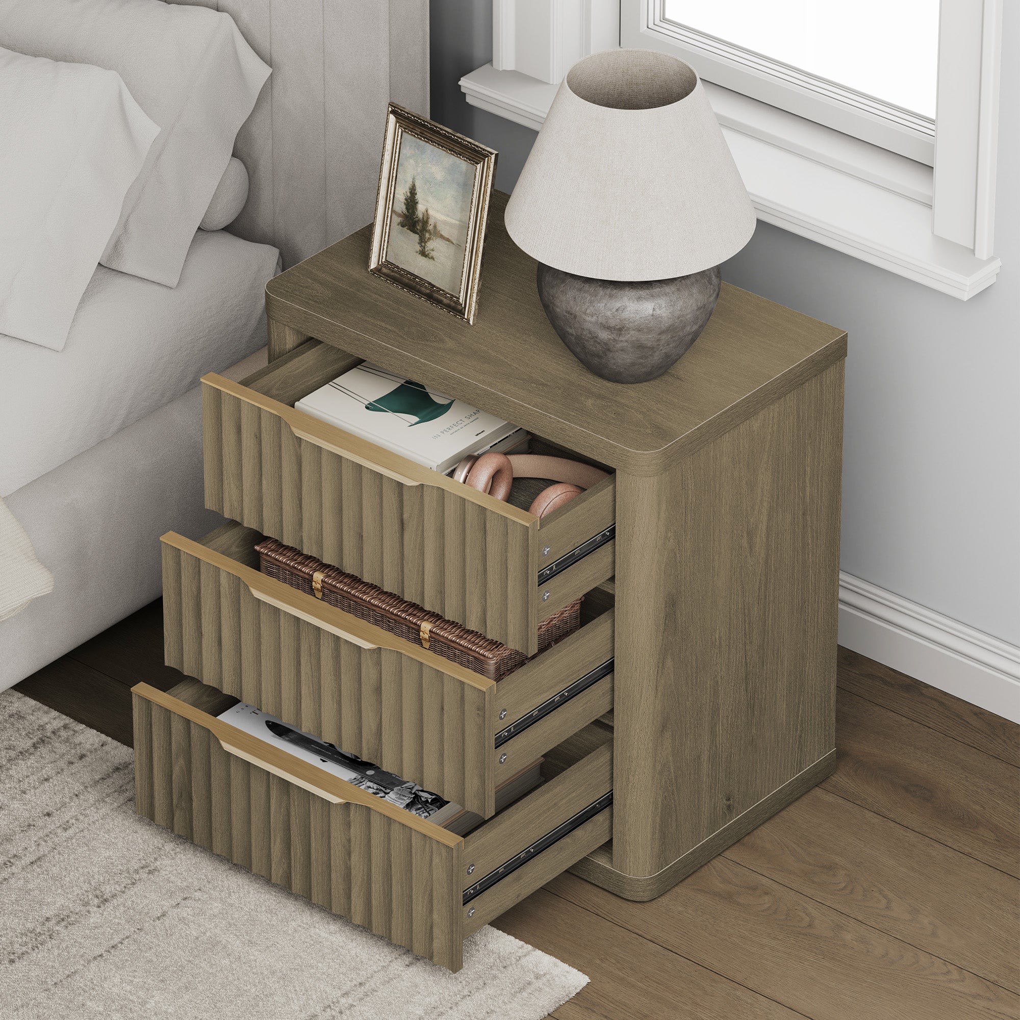 Cas Nightstands 3 Drawers, Golden Handle