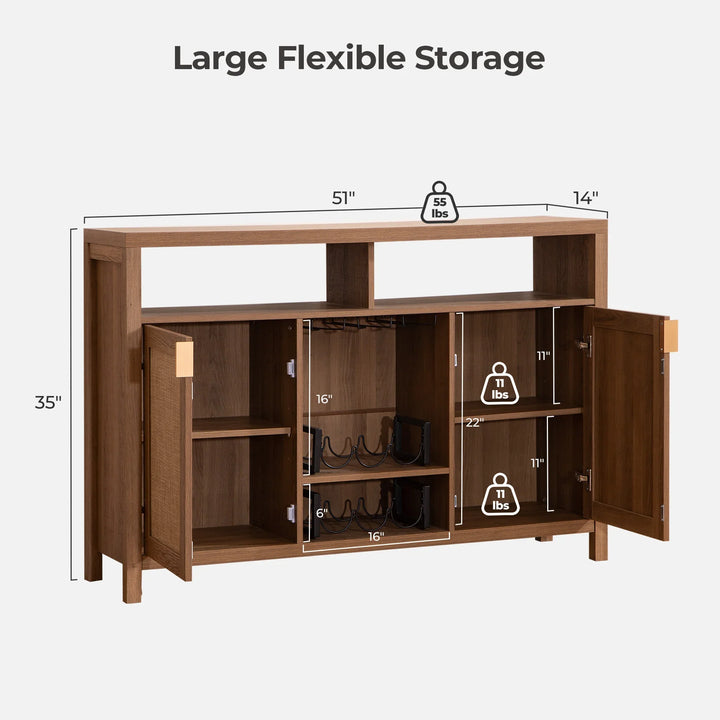 Wooden sideboard with large flexible storage, interior shelves, and weight capacity labels