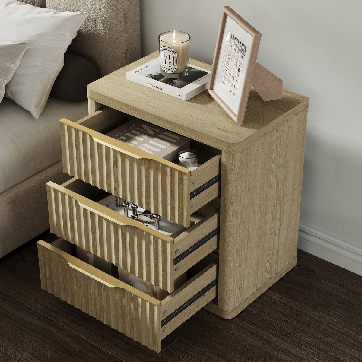 Cas 3 Drawers Nightstand with Golden Handle