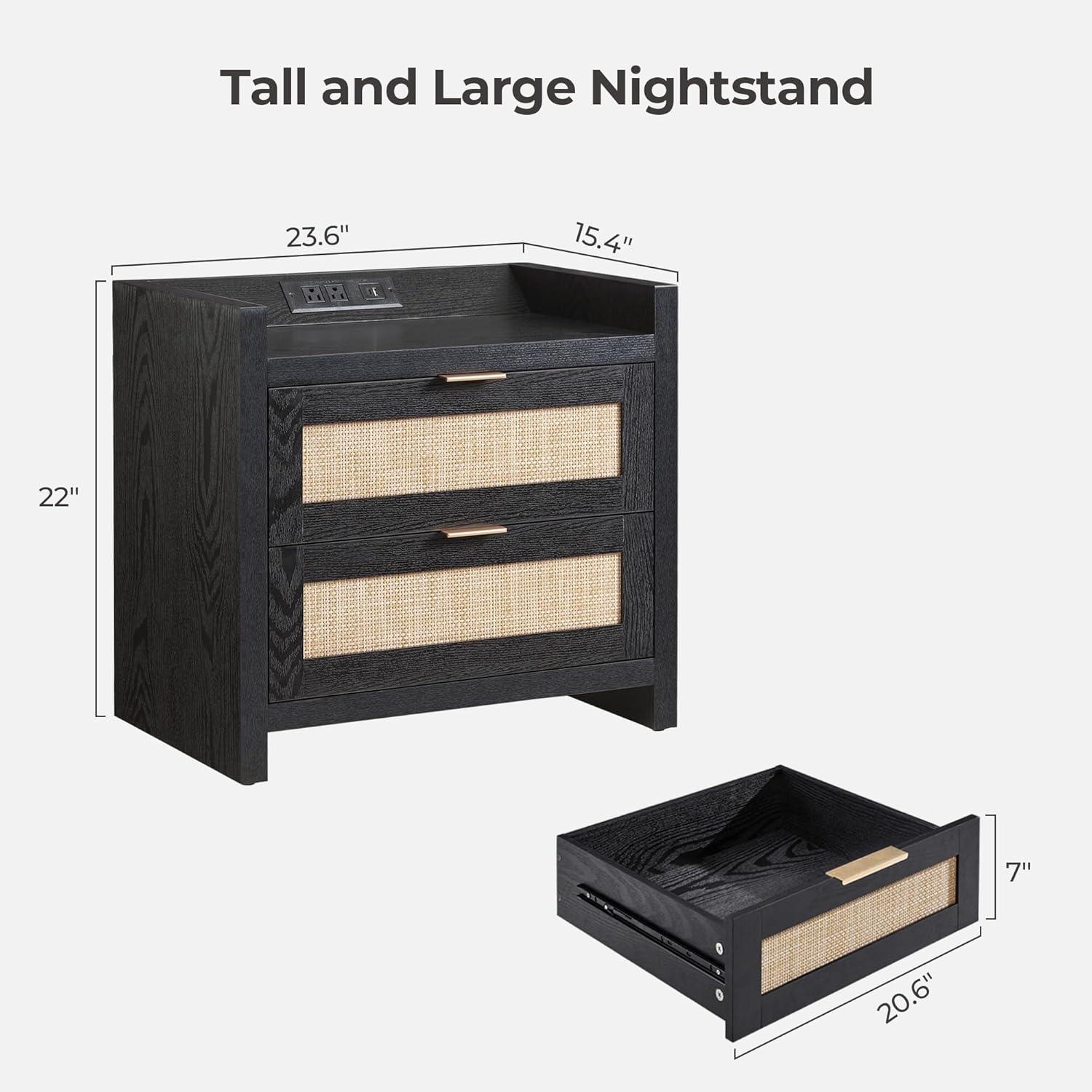 Tall black nightstand with rattan drawers, built-in USB outlets, and detailed dimensions