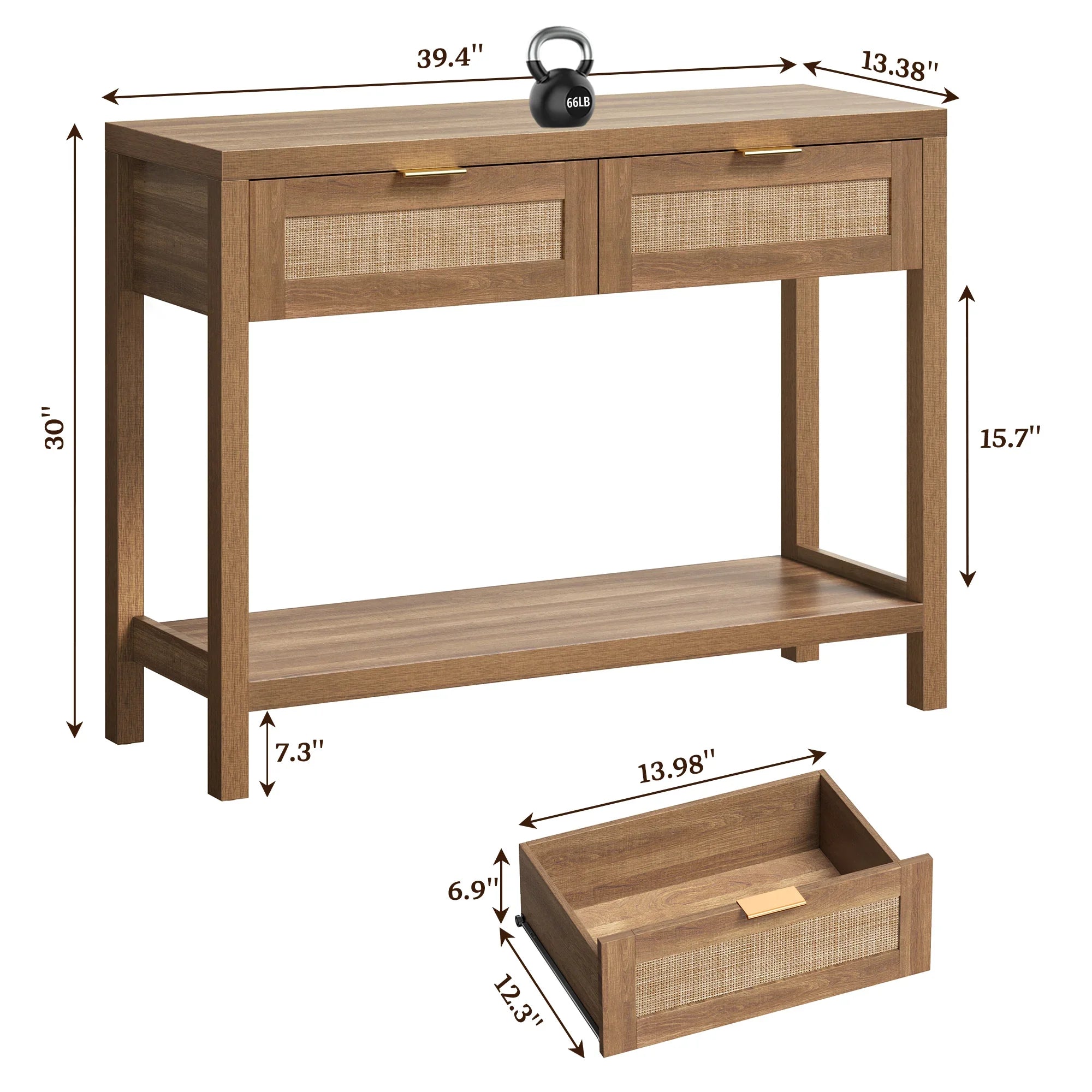 A dark wood console table with woven rattan panels on the drawers, gold handles, and a lower shelf, decorated with a handbag, a vase with flowers, and a lamp.