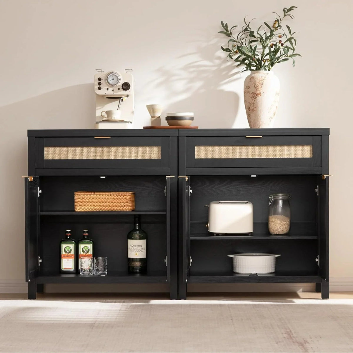 Savanna Black Buffet Cabinet with Drawers, Set of 2