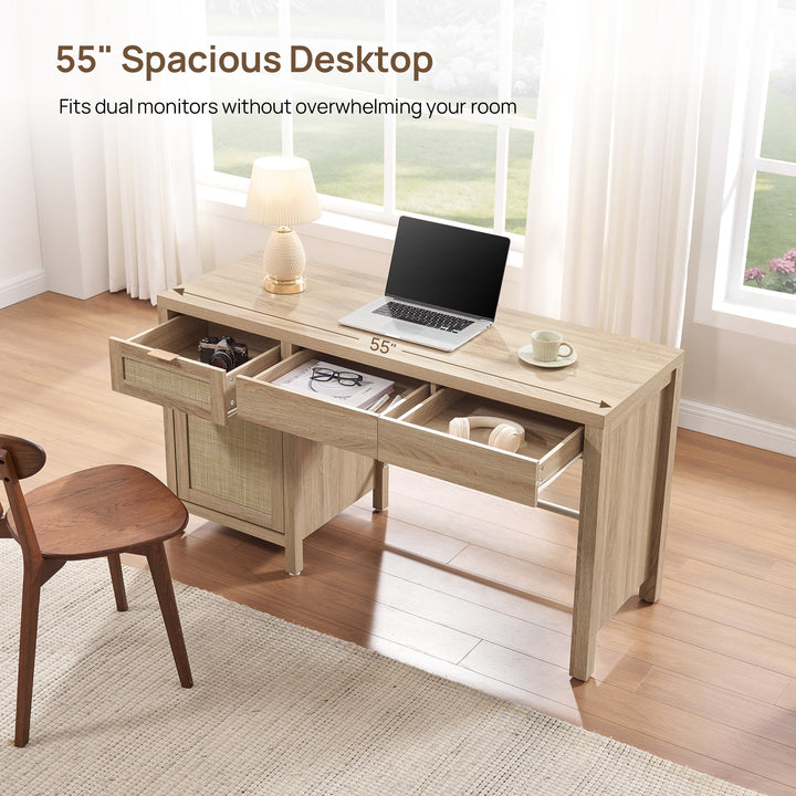 Savanna 55-Inch Wide Vanity Table, Makeup Storage - Reclaimed Light Oak - 2 Pieces