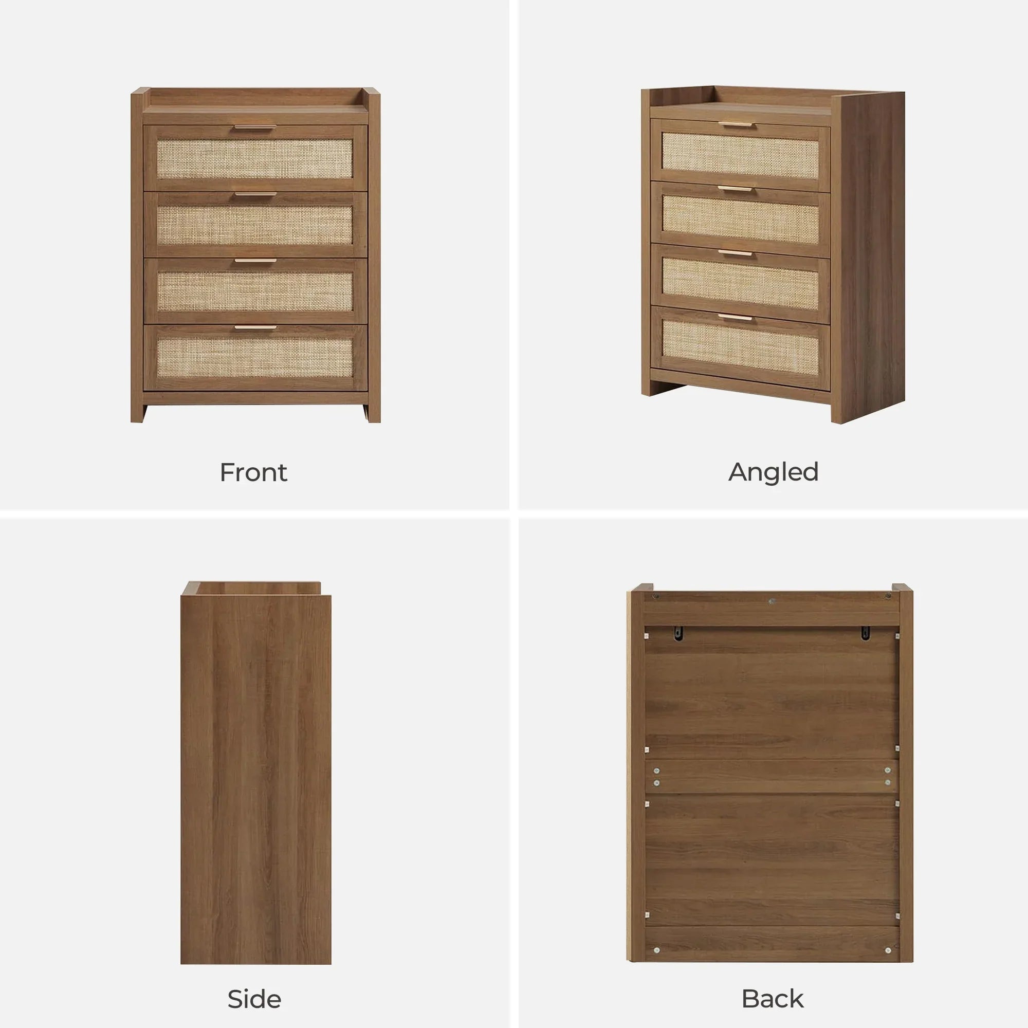 Mid-century brown wood chest of drawers with woven rattan fronts, shown front, angled, side, back