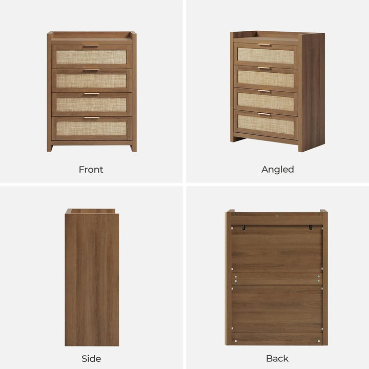 Mid-century brown wood chest of drawers with woven rattan fronts, shown front, angled, side, back