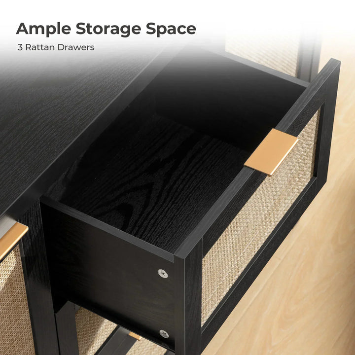 Black cabinet with open rattan drawer, gold handle, ample storage space, modern furniture