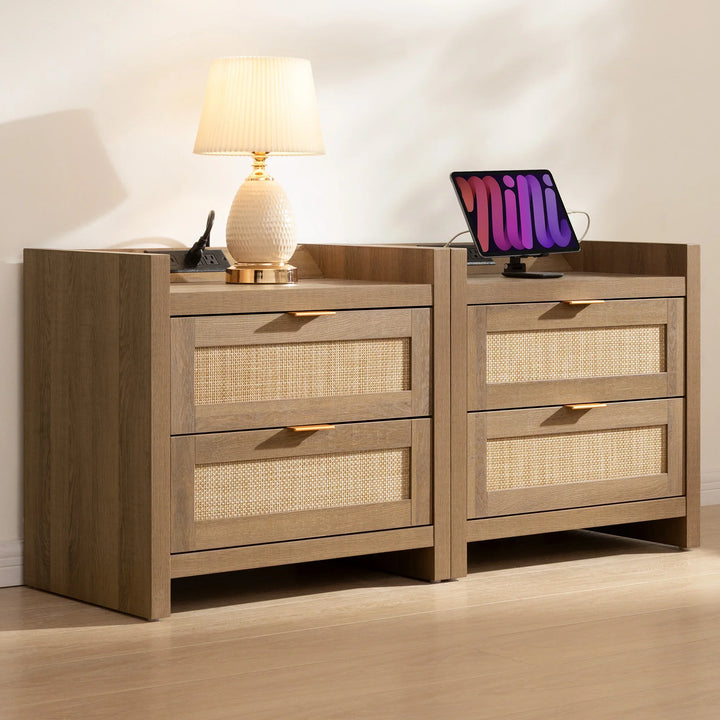 Modern wooden nightstands with rattan drawers, table lamp, and digital tablet display.