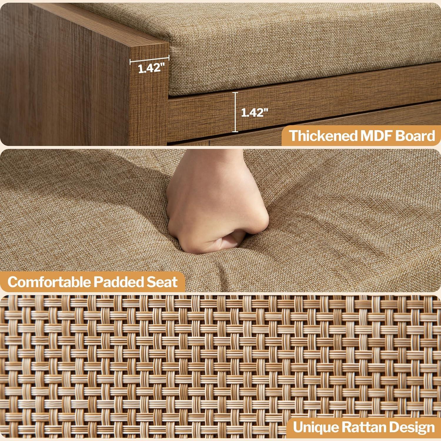 Thickened MDF bench with 1.42-inch padded seat, comfortable rattan weave design.