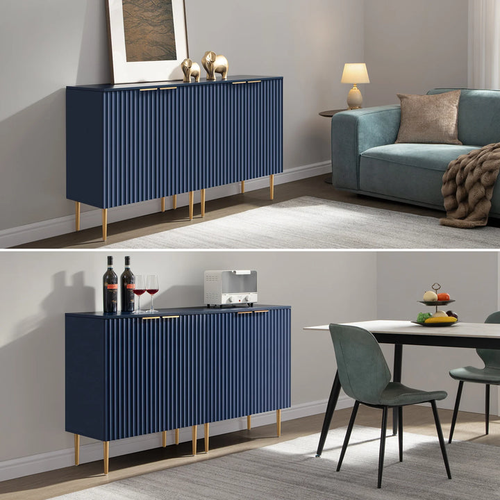 Modern blue sideboard with gold legs in stylish living and dining room settings