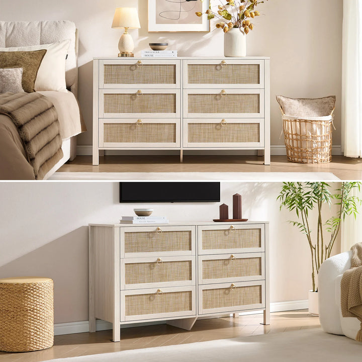 white wicker 6 drawer dresser SICOTAS Terra 6-Drawer Dresser for Bedroom 51"Wide Rattan Chest of Drawers for Closet Large Storage Cabinet Farmhouse Boho Dresser TV Stand for Home