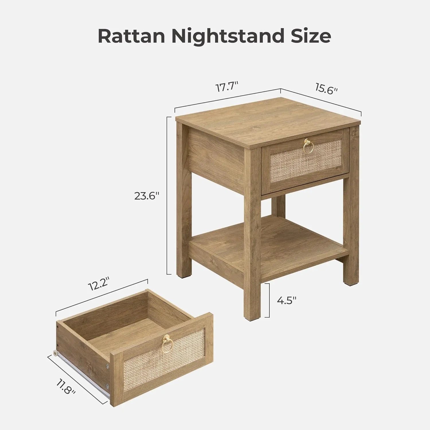 Rattan nightstand with drawer, wood finish, dimensions labeled, modern bedroom furniture