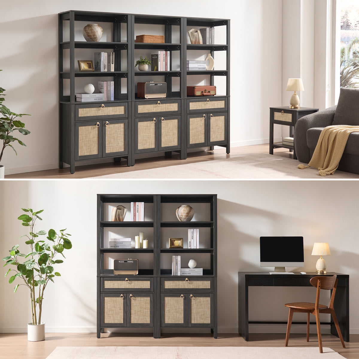 Terra Black Rattan Bookshelf, Set of 2