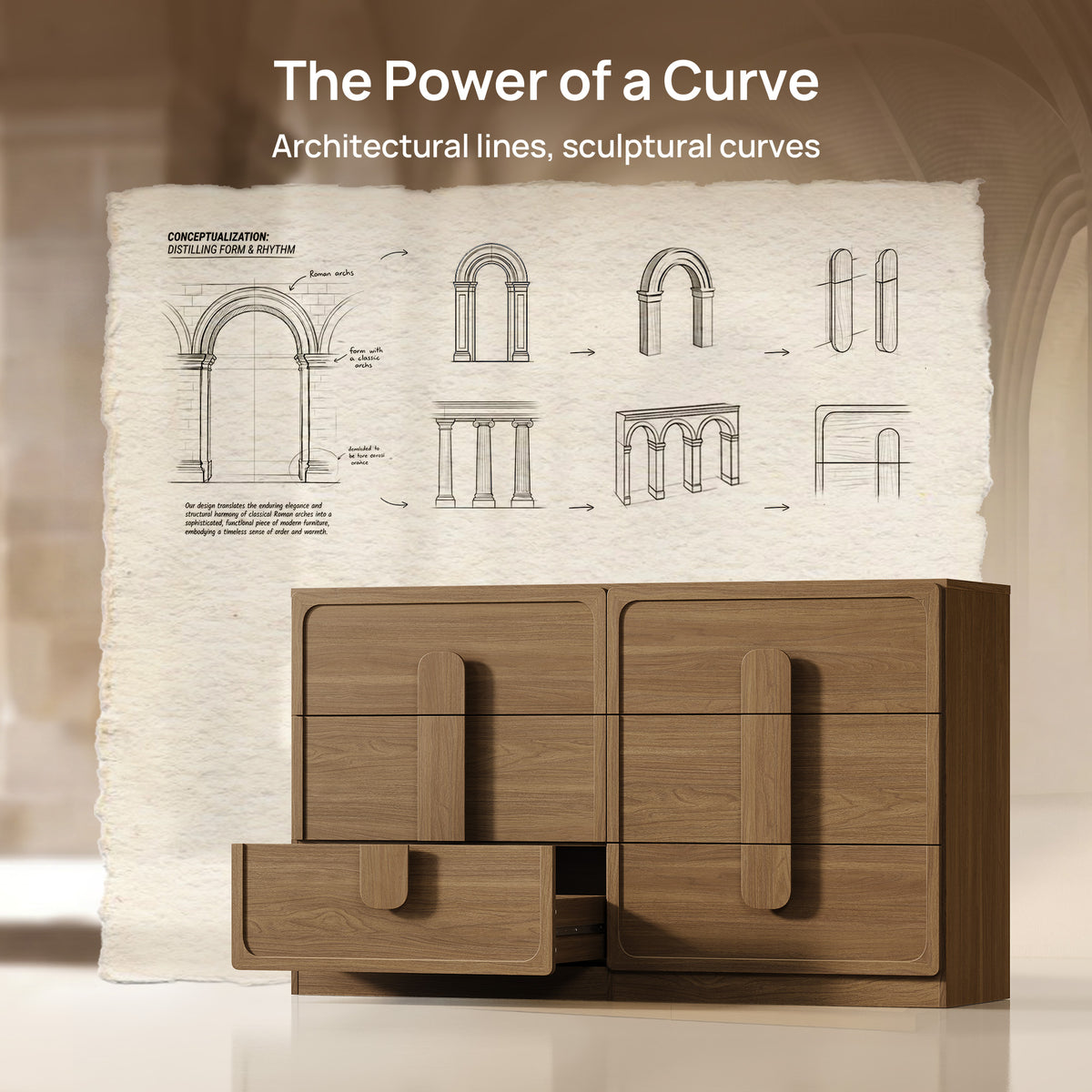 Arcus 6 Drawers Dresser with Arched Handles