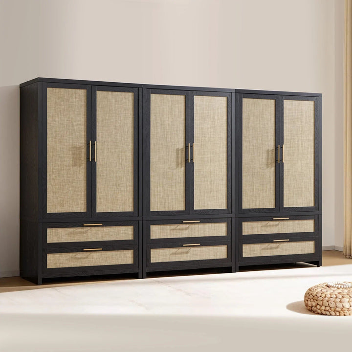 Savanna Rattan Wardrobe, 2 Drawers - 3 Pieces - Black Oak
