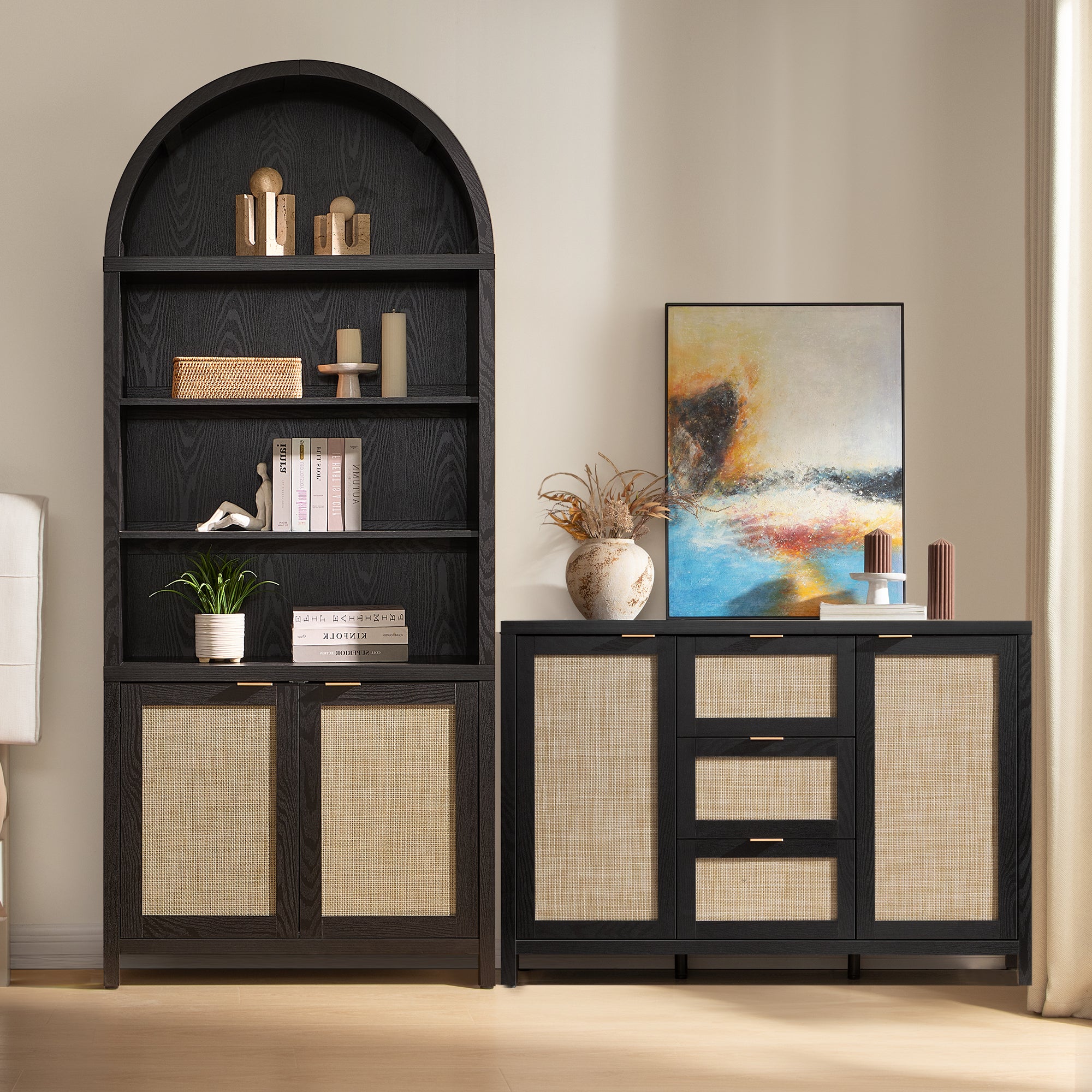 SICOTAS 2Pcs Rattan Kitchen Pantry Storage Cabinet-WM