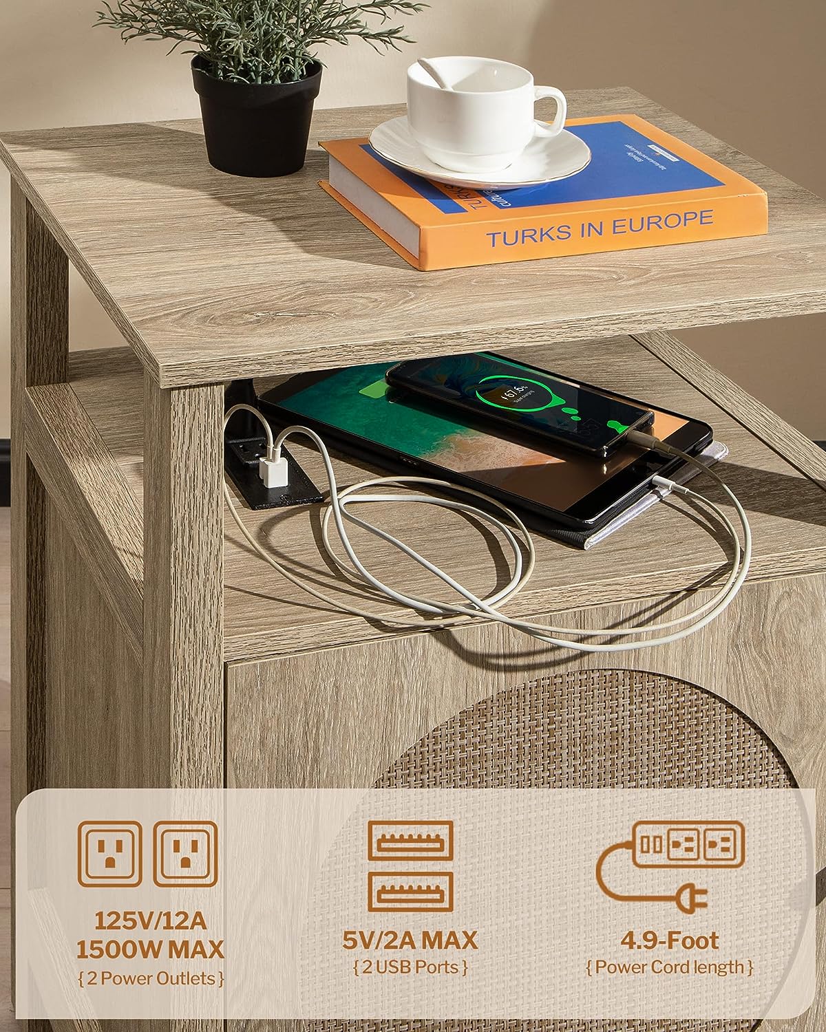 Rattan Nightstand With Charging Station - Sicotas