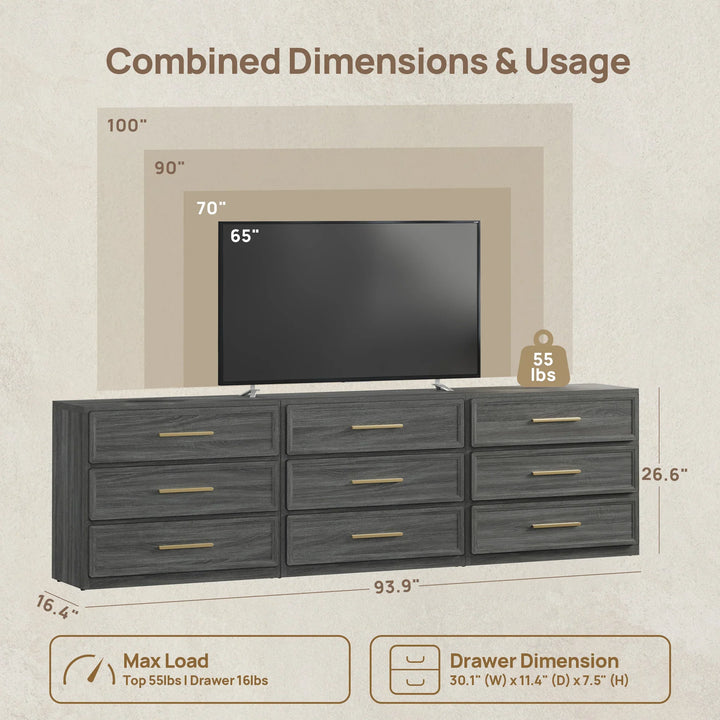 Crescent Nightstand with 3 Drawers for Bedroom