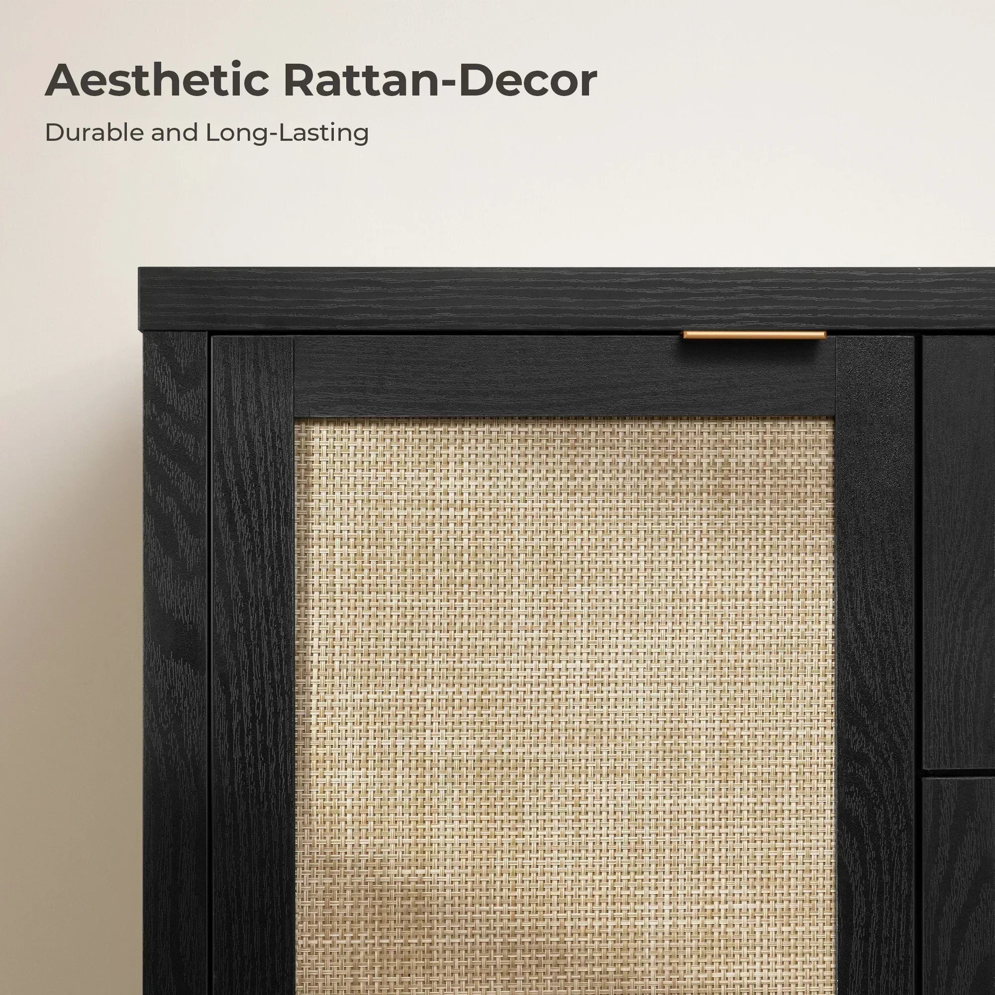 Black wood cabinet with woven rattan door and gold handle, aesthetic rattan decor