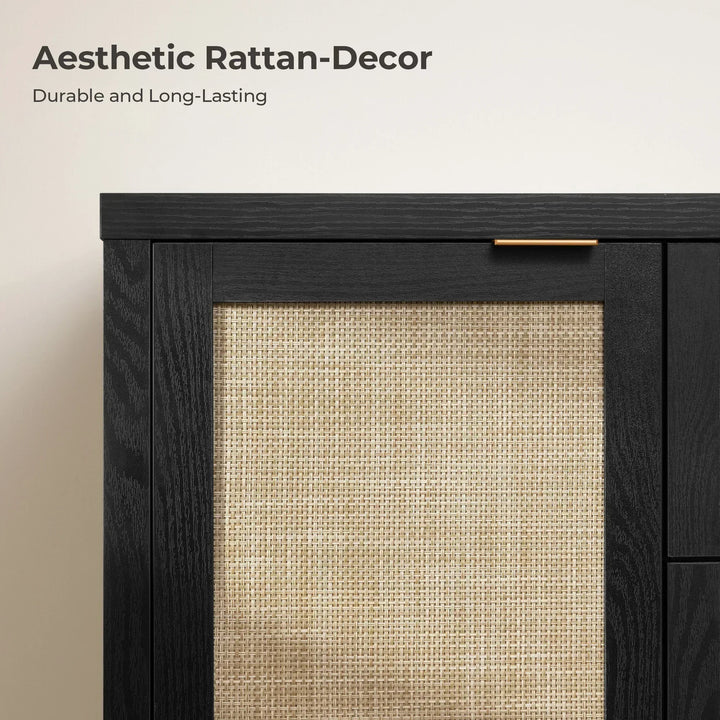 Black wood cabinet with woven rattan door and gold handle, aesthetic rattan decor