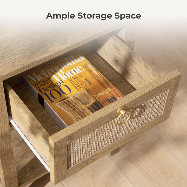 Wooden drawer with rattan front and gold handle showing ample storage space with magazine